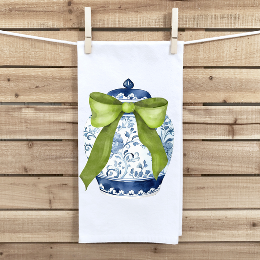 Green Bow Chinoiserie Tea Towel