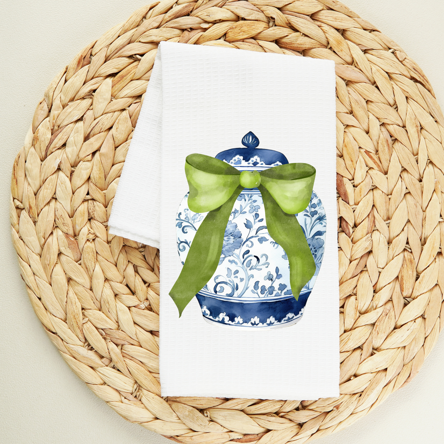 Green Bow Chinoiserie Tea Towel